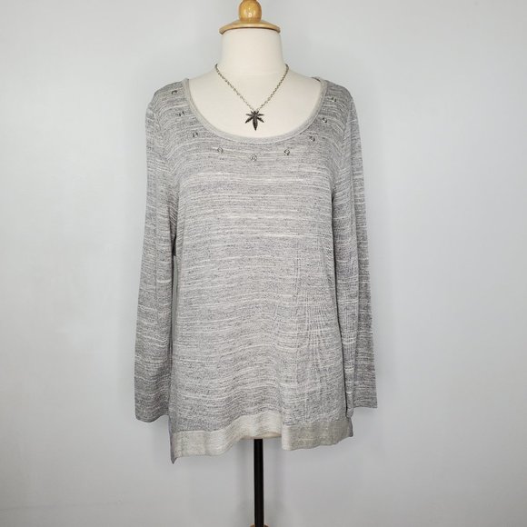 Kenar Women's Gray Pullover Mixed Media Knit High-Low Long Sleeve Top Size L - Picture 1 of 11